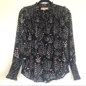 Loft Smocked Cuff Long Sleeve Floral Blouse Top XS